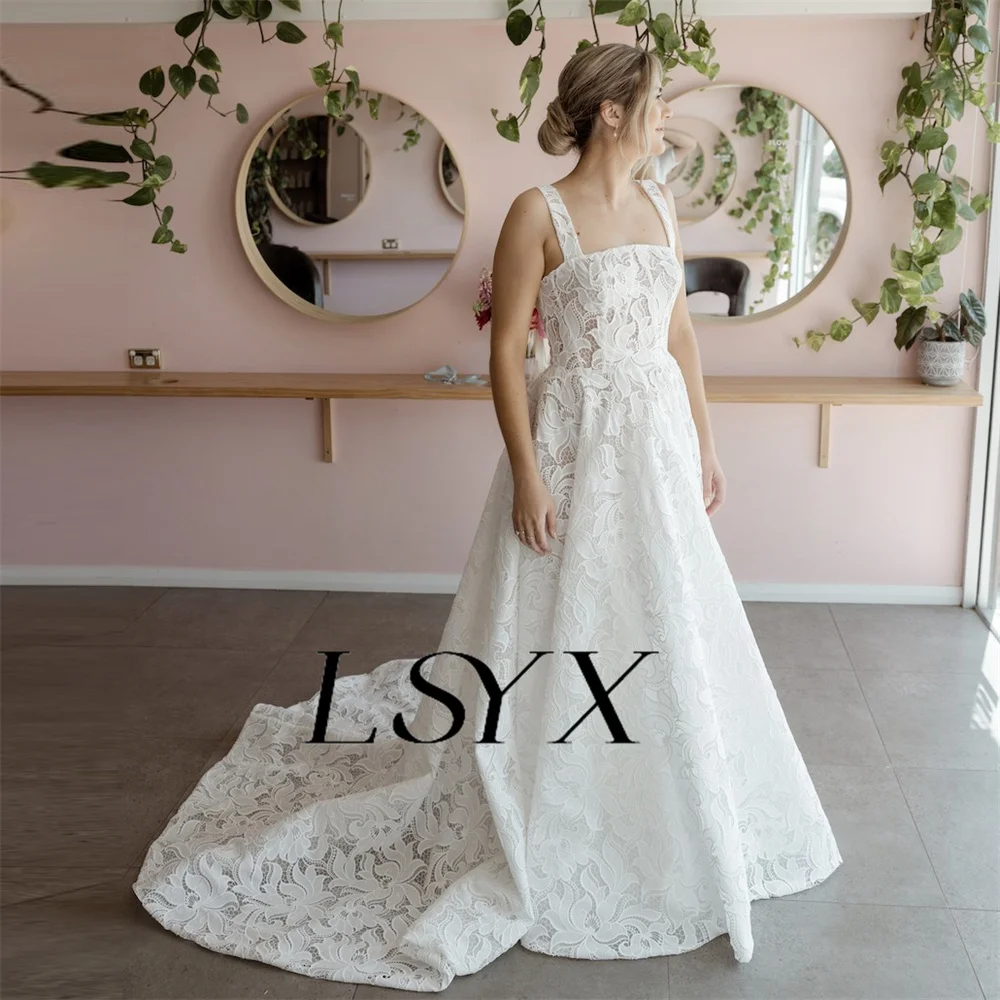 LSYX Maßgeschneidertes ärmelloses Brautkleid in A-Linie mit quadratischem Ausschnitt und Spitze in A-Linie, Träger, Reißverschluss hinten, Hofschleppe