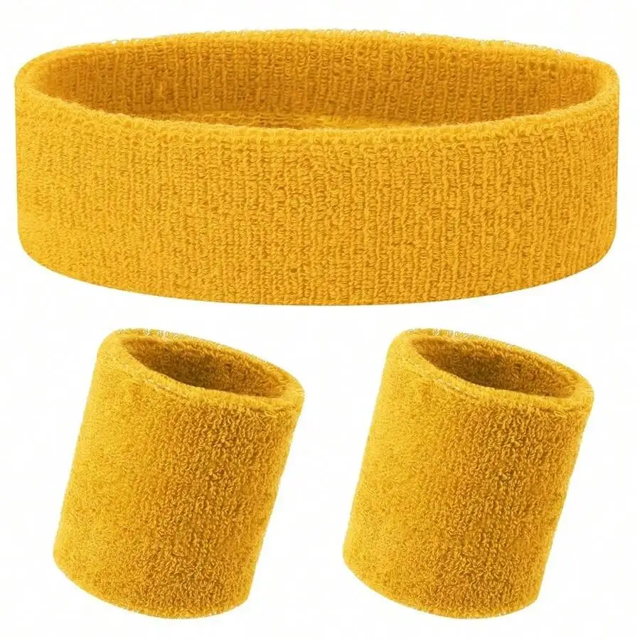 3-Piece Sports Sweatband Set Headband And Wristbands For Men And Women One Size Yellow
