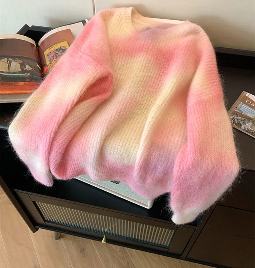 

Sweet Girls New Autumn Winter Pink Gradient Soft Mohair Loose Pullovers Jumper Lazy Women O Neck Long Sleeve Knitting Sweater