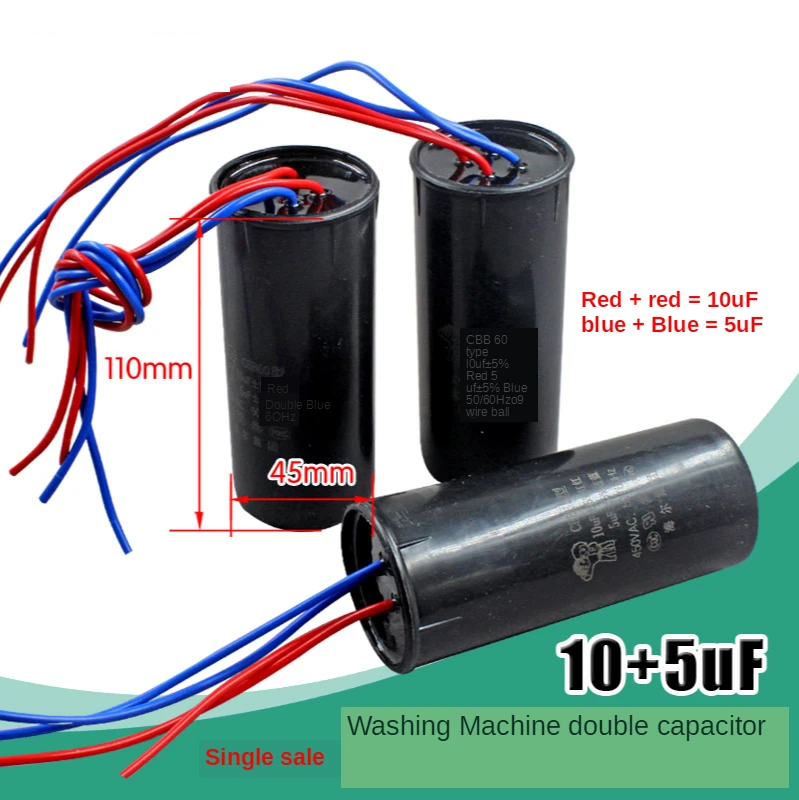Condensador doble CBB60 10+5uf, condensador de arranque de 4 cables, condensador de doble cilindro para lavadora, 1 ud.