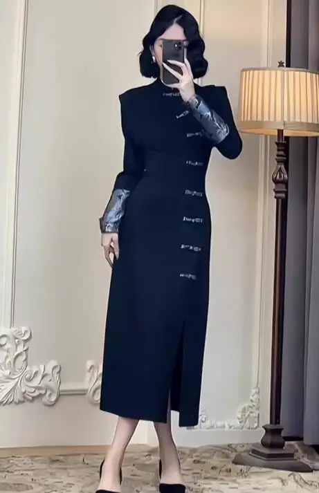 

New Chinese Style Black Button Printed Cheongsam Dress For Women in Autumn and Winter