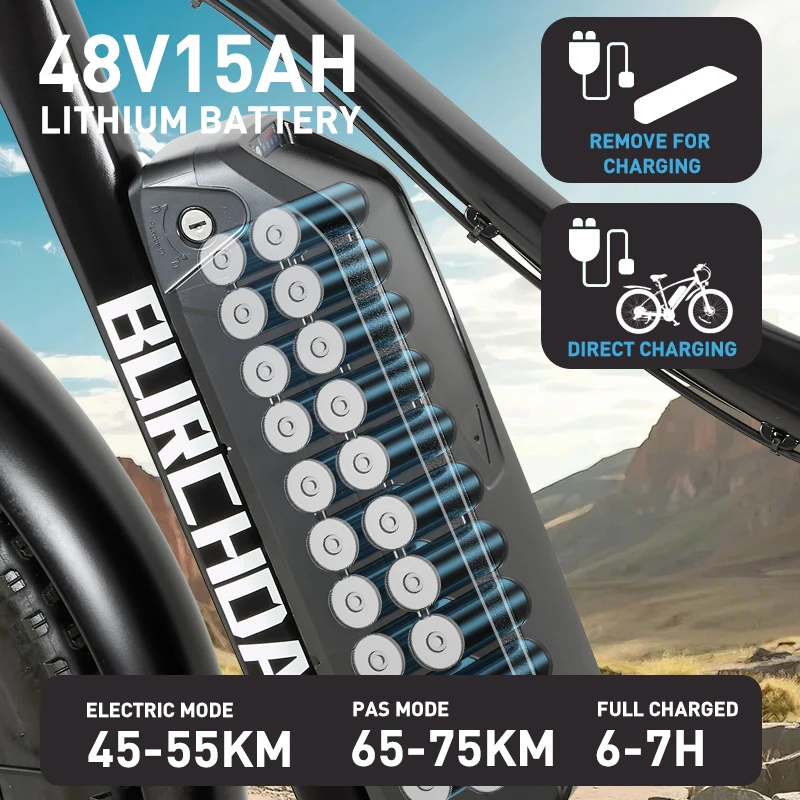 BURCHDA RX02 1000 واط 45 كيلومتر/ساعة 26 بوصة دراجة كهربائية جبلية 48V15AH بطارية ليثيوم Fatbike دراجة كهربائية للبالغين دراجة نارية #3