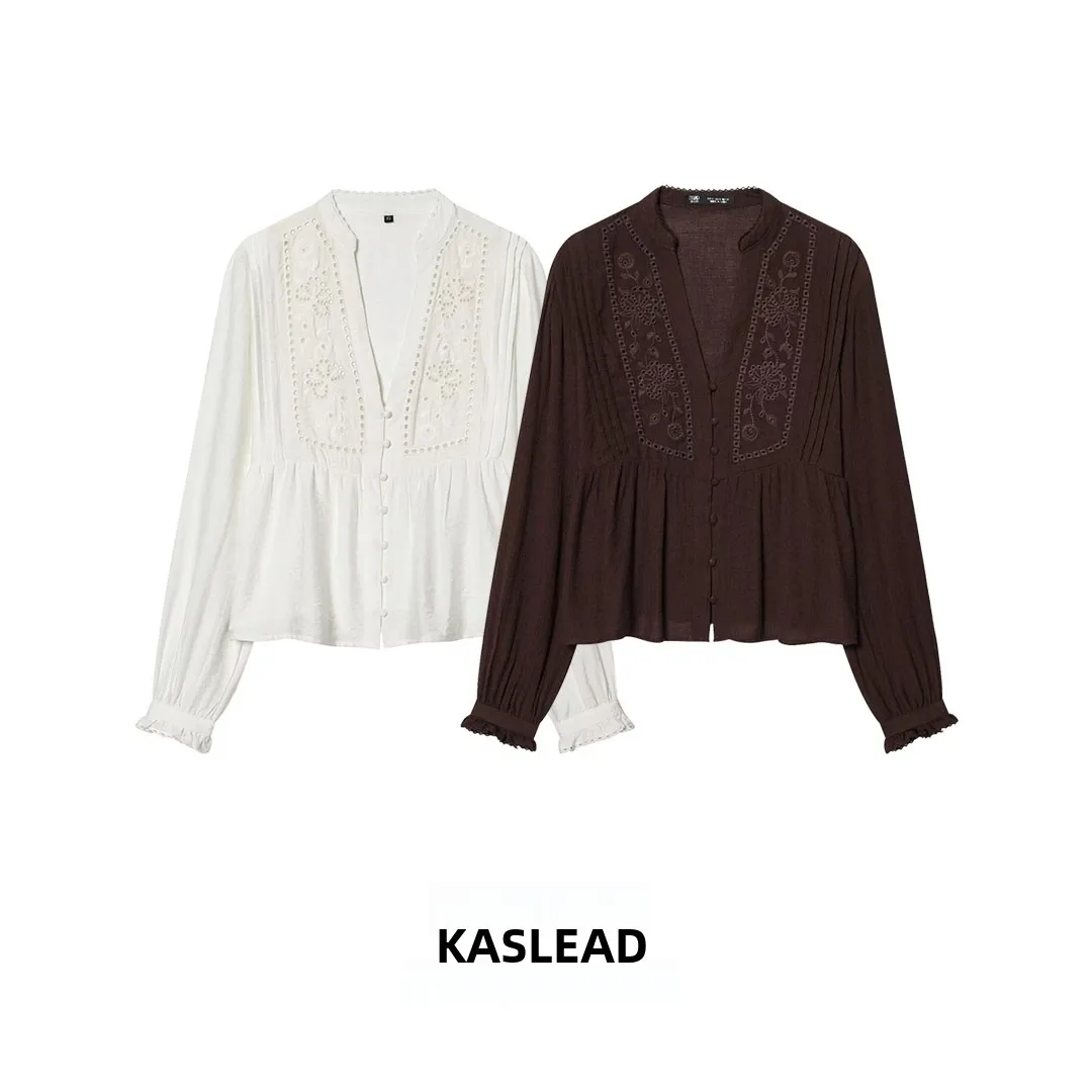 

KASLEAD New Women's Fashionable Loose Long Sleeve Embroidered Shirt Versatile Stylish Polyester Fiber Skin-friendly Breathable