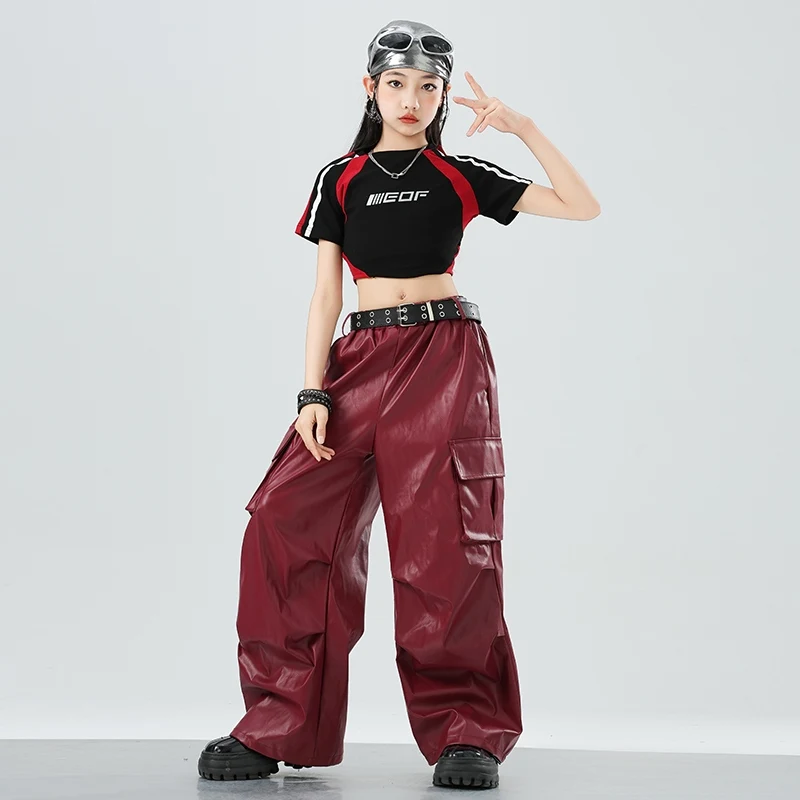 Kpop Ragazze Gruppi Abiti da ballo jazz Costumi Hip Hop Manica corta Crop Top Pantaloni in pelle rossa Vestito Street Dance Wear DQL10601