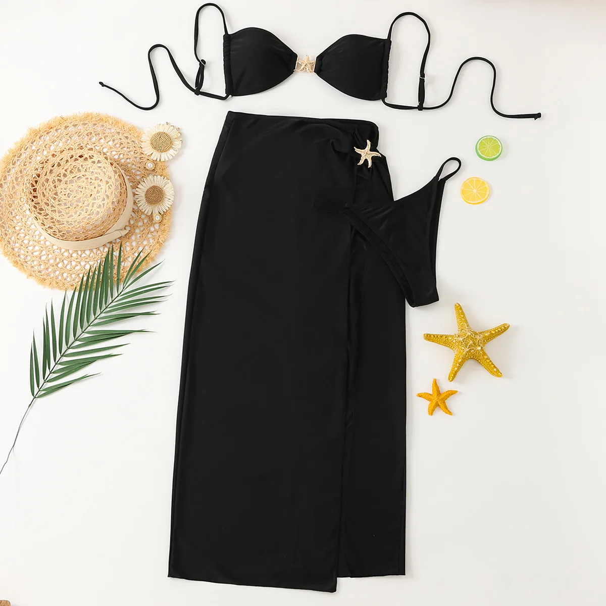 3Pcs Sexy Bikini Set with Cover Up Black Swimsuit Women Swimwear Bathing Suit Biquini Beachwear Push Up Bikinis Maillot De Bain