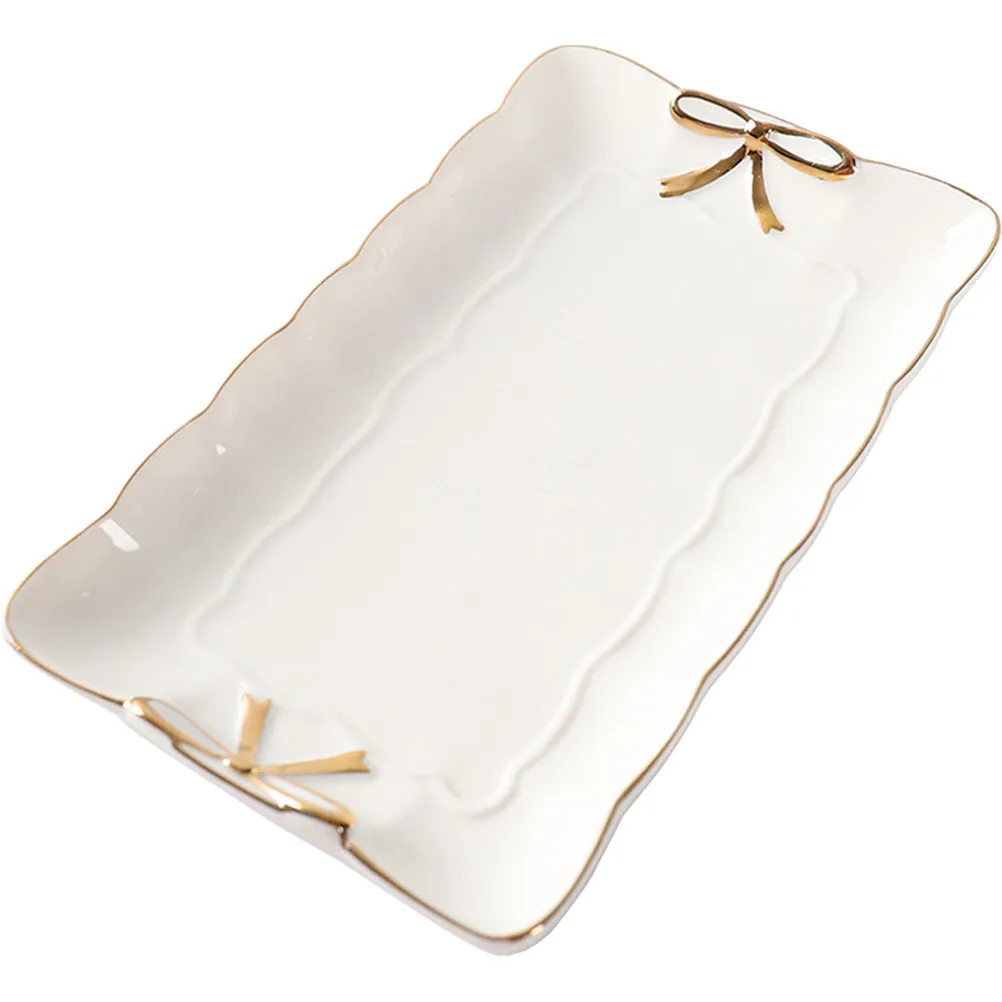 Premium Ceramic Jewelry Tray Bow Embellished Dessert Plate Serving Dish for Cake Fruit Snacks Appetizers Home Decor Countertop