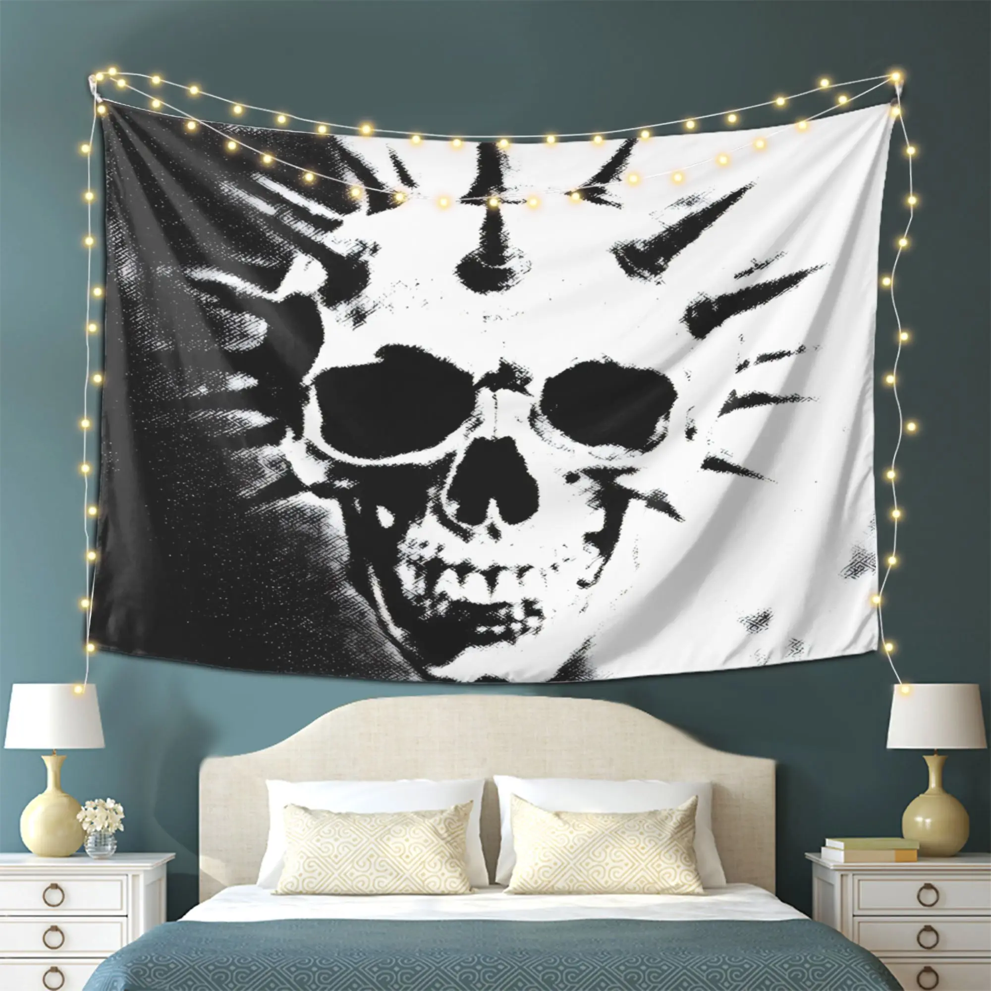 VIKAMA Dark Punk Spike Skull Tapestry, Black White Vintage Printing Wall Art for Bedroom Living Room Decor