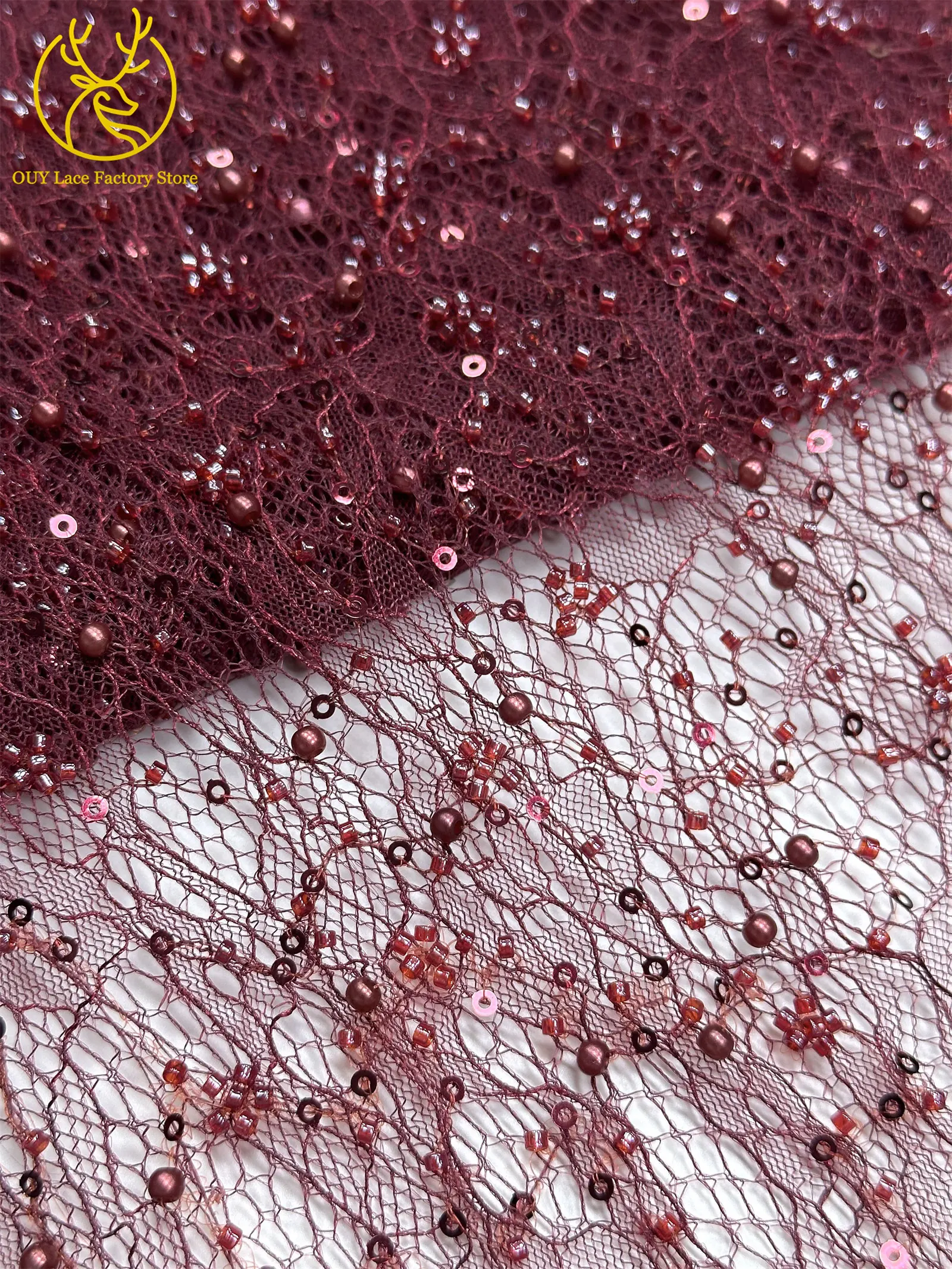 Kaffeebraune französische Tüllspitze mit Pailletten, 5 Yards, hochwertige afrikanische Spitze, nigerianischer Perlenstickerei-Spitzenstoff zum Nähen von Damen-Abendkleidern – Detail 34