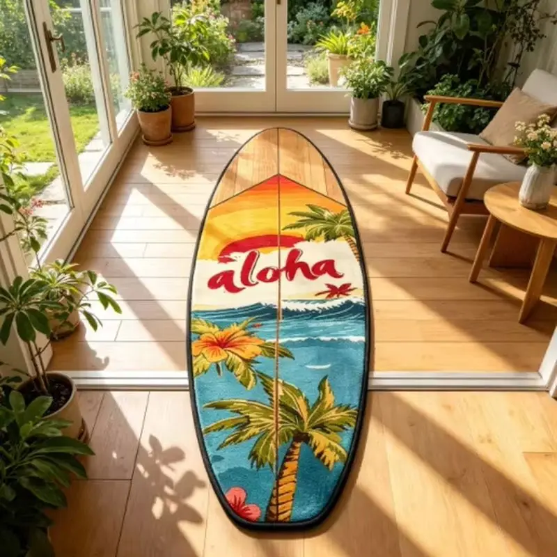 Tropical Palm Wave Surfboard Rug, Pink Pastel Irregular Shaped Fluffy Mat, Anti Slip Beach Floor Carpet for Bedroom Entryway Coa