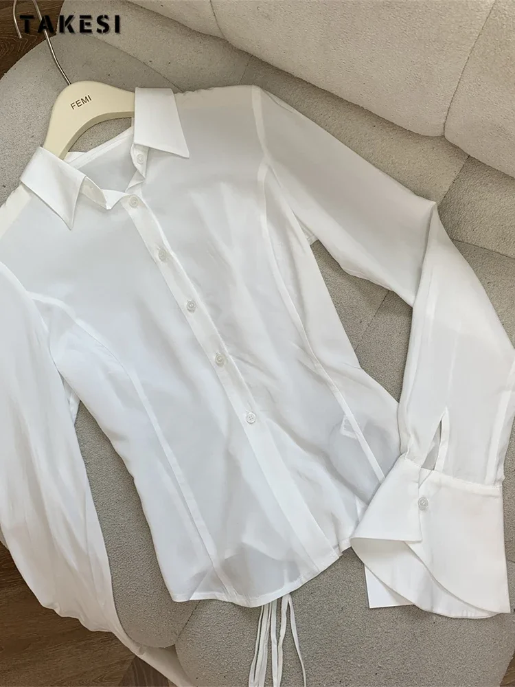 Hot Girl Sexy  Slim White Black Chiffon Shirt Turn-down Collar Flare Sleeve Tunic Bandage Design Blouses Autumn Winter 2023