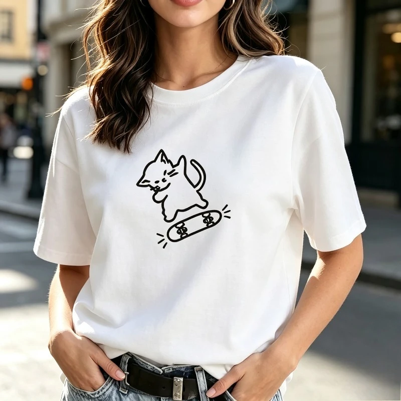 Women Cat Skateboard Graphic Tee Minimal Black Line Art Modal Casual Funny Daily Gift Top Cool Simple Teen Girl Outfit