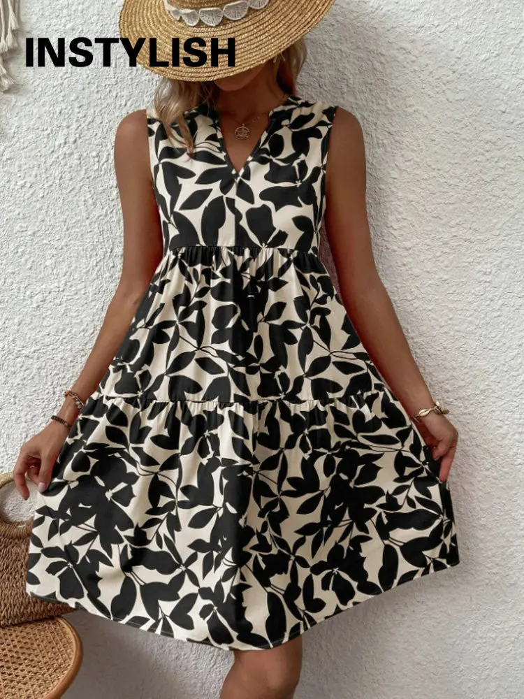 Elegant V Neck Print Ruffles A Line Dress Women Summer Sleeveless Bohemian Sundress Casual Loose Knee Length Beach Party Dress