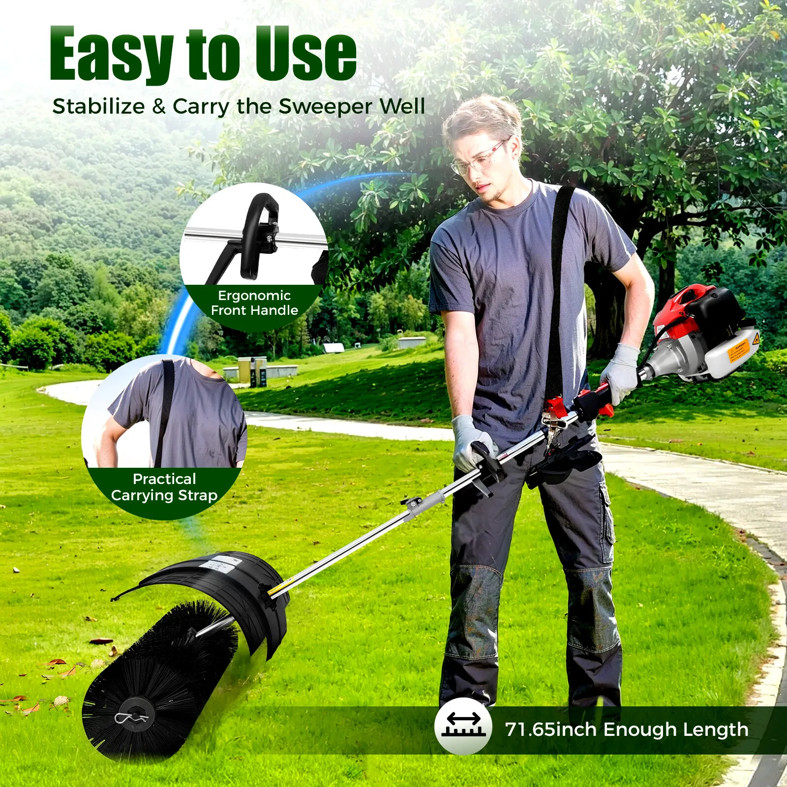 52CC Heavy Duty Handheld Gas Power Sweeper (2-3HP) - Clears Snow, Dirt, Leaves from Driveways, Walkways & Turf