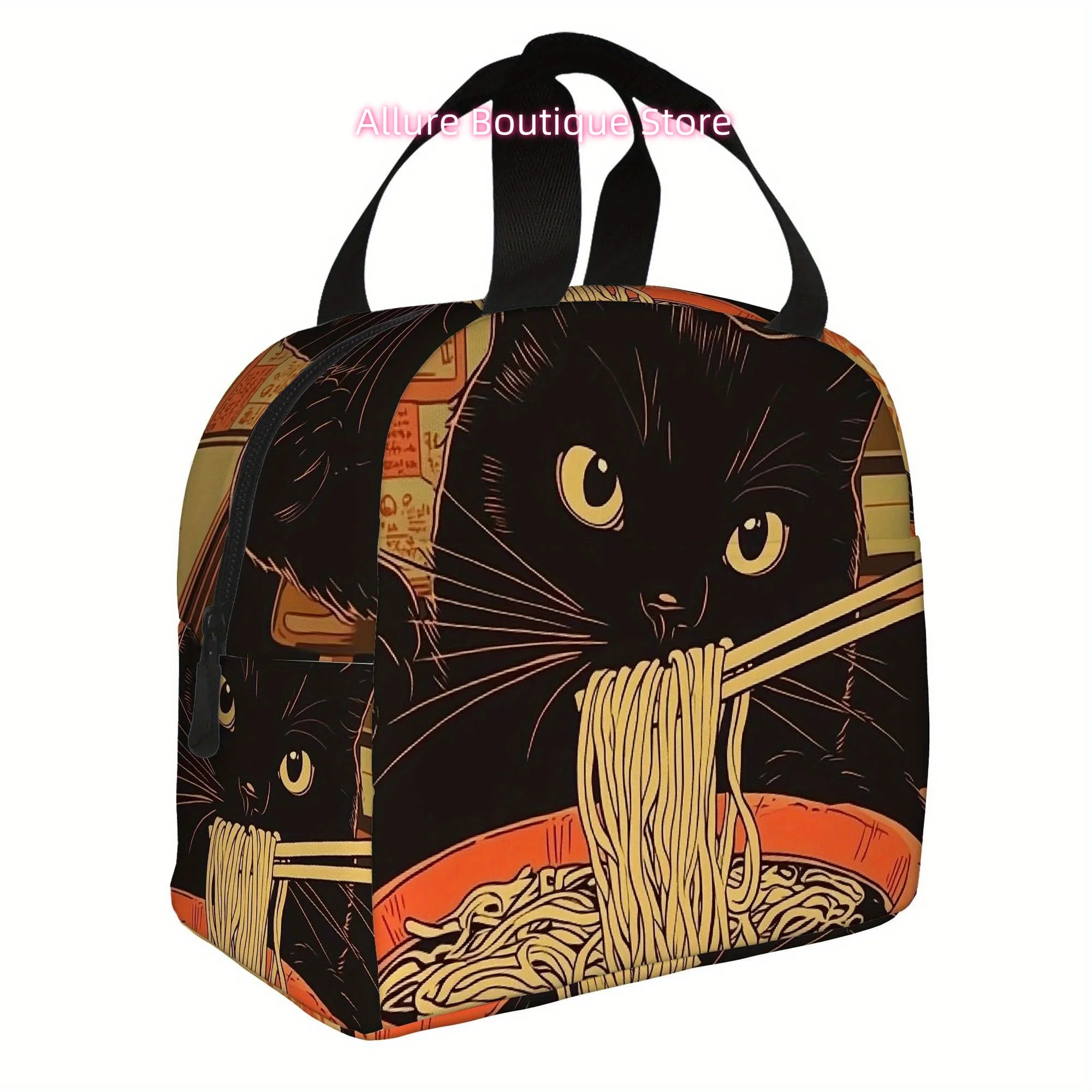 1pc Thermal Insulated Bag - Cute Black Cat Eating Noodles with Chopsticks Design, Non-Food Contact Thermal Insulation for Lunch,