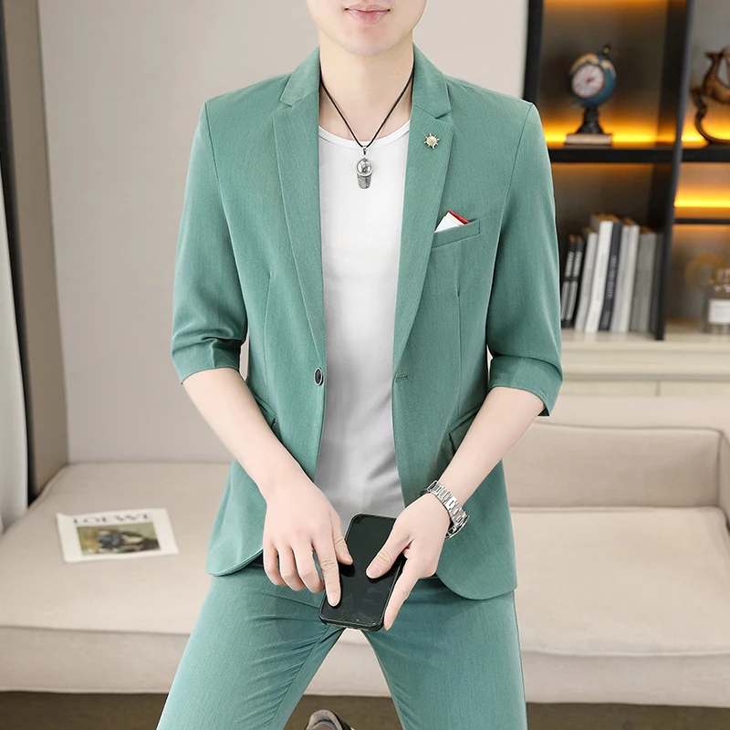 

2023Men's Summer Fashion Handsome Trend Boutique Thin Solid Color Suit Suit Seven Points Mid-sleeve Suit Nine Points Pants A Set