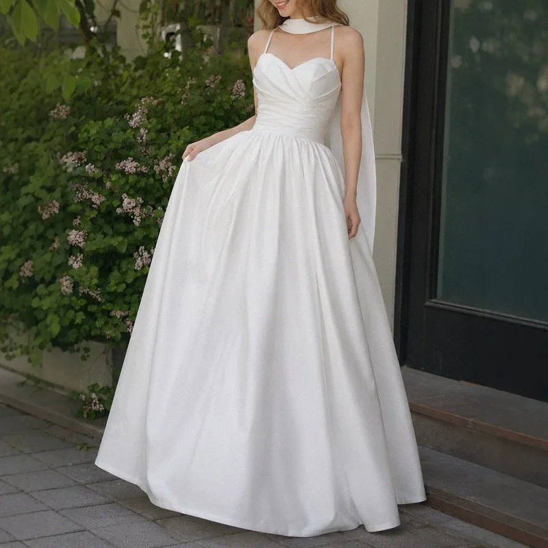 Elegant Satin A‑Line Wedding Dress Women Spaghetti Strap Sweetheart Neck Floor Length Bridal Gown With Scarf Vestido De Novia