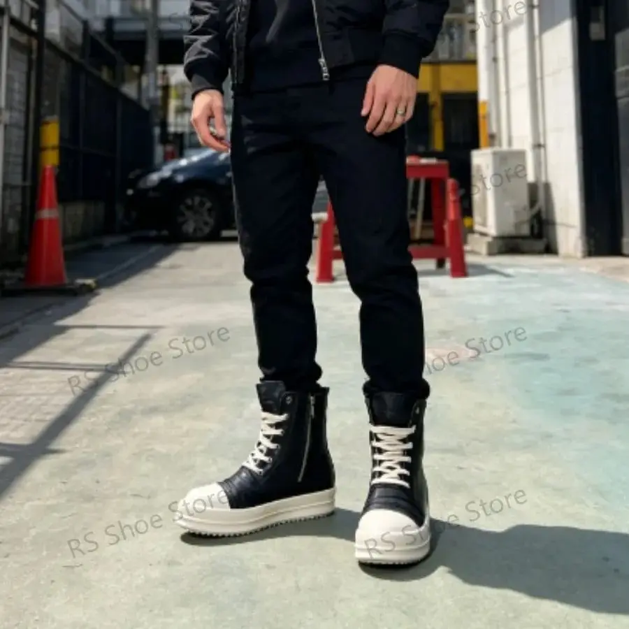 

Ro Classic Black Leather High Top Shoe Sneaker Classic Design Men Shoes Zipper Boot Lace Up Women Ankle Boots Casual Sneakers