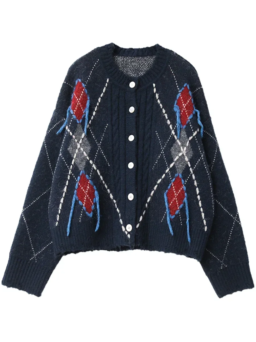 CHIC VEN Women\'s Knitted Cardigan Warm Loose Vintage Sweater Colorful Diamond Pattern Female Jumpers Autumn Winter Clothes 2024