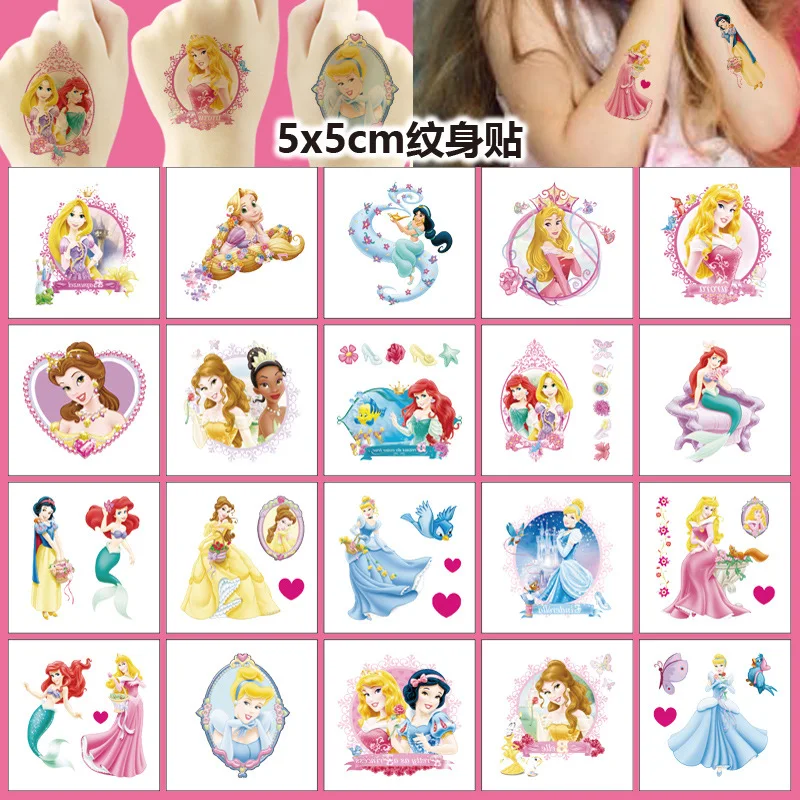 20 Pcs 5x5cm Cute Disney Princess Tattoo Stick Cartoon Tattoo Stickers Water Transfer Disposable Tattoo Birthday Party Toys