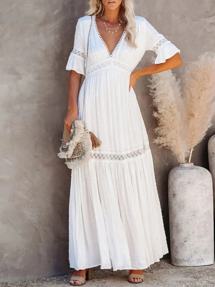

White Lace Long Dress Women Summer Boho Hollow Out Maxi Dress Female Elegant Sexy V Neck Short Sleeve Casual Beach Holiday Dress