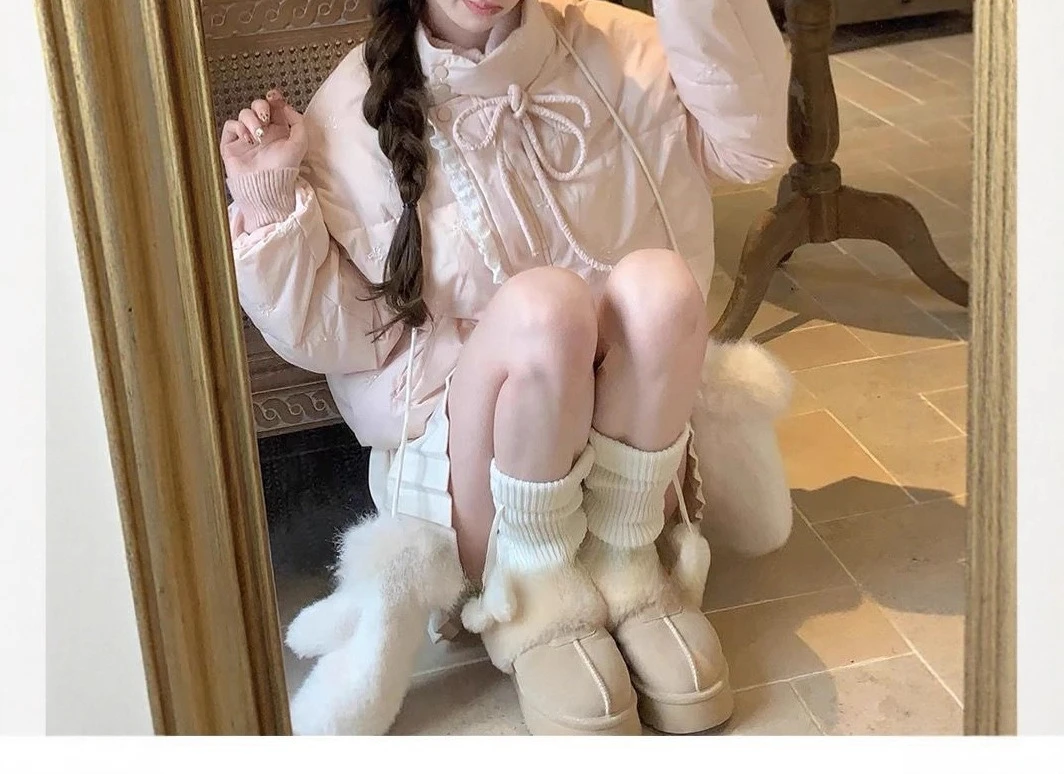 Lace Patchwork Down Cotton Jacket for Women, 2025 New Winter High-end Pink Bow Tie