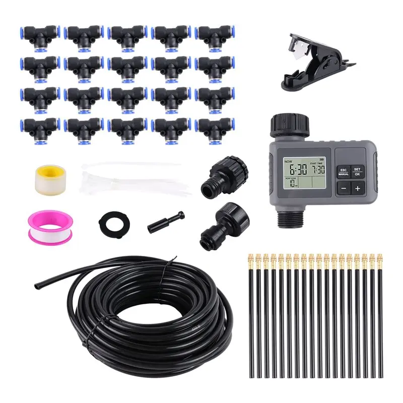 J1UL1N Smart Water Timer Drip Irrigation System 60 Feet, Solid Brass Connectors, 360 Adjustable Nozzles, Bendable Tubing