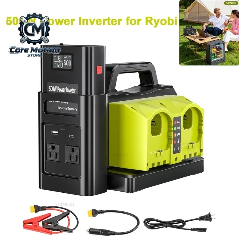 500W Pure Sine Wave Inverter for Ryobi 18V Battery – 18V DC to 120V AC Converter with USB-C/USB-A, for Vehicles Car Use Laptop
