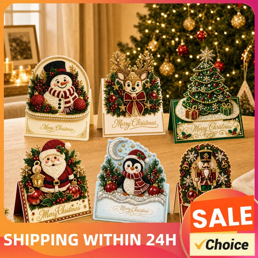 6-teiliges DIY-Set für fröhliche Weihnachtsgrußkarten, 3D-Perlen-Diamant-Kunst Weihnachtskarten-Bastelset, Weihnachtswunsch-Karten-Set mit Umschlägen