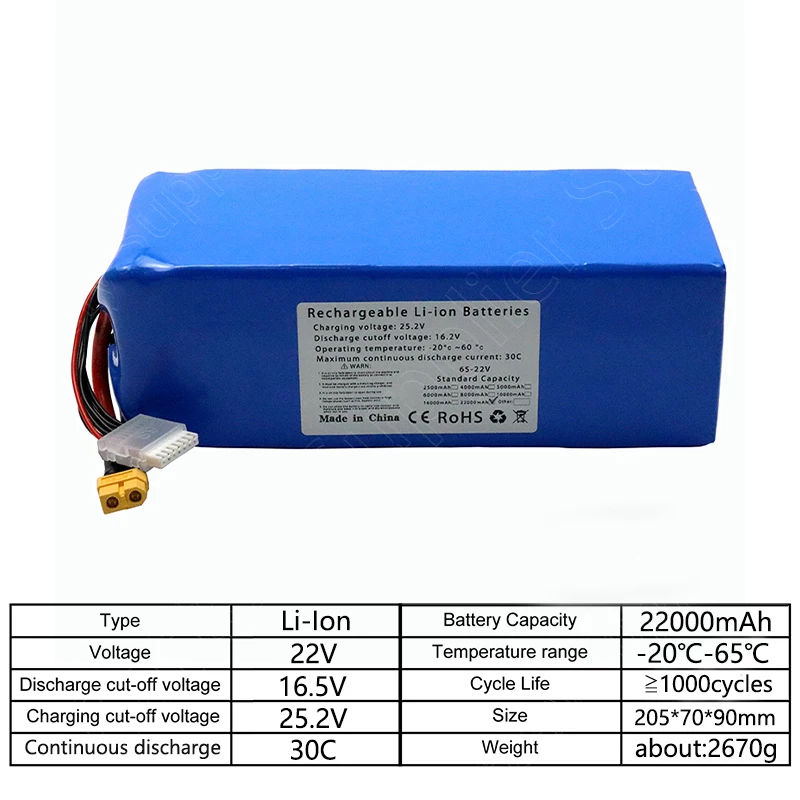 Lithium Battery 22V 6S 22Ah 30C Continuous Output, Suitable for Remote Control Cars, FPV Racing Drones, with XT60 XT90 Connector