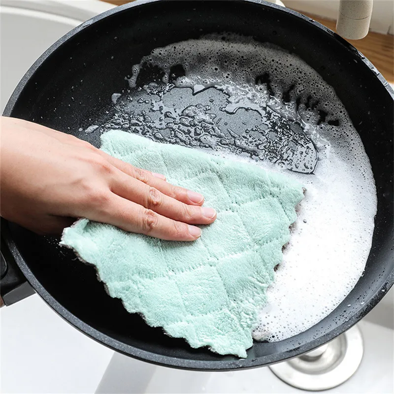 Double-sided Coral Velvet Rag Absorb Water Cleaning Towel Non-stick and Lint-free Kitchen Cleaning Cloth Household Dishcloth