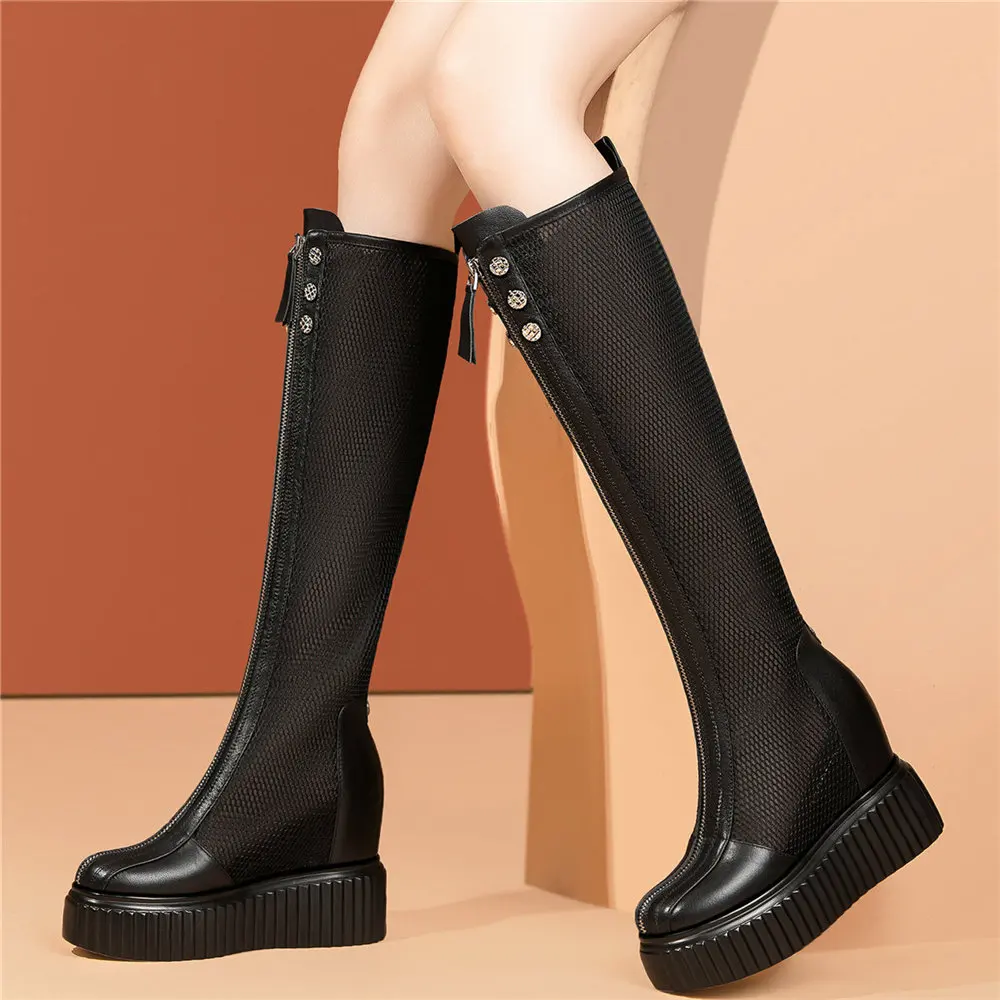 Increasing Height Women's Genuine Leather Round Toe Platform Wedge Knee High Boots Summer Sandals Oxfords Pumps Party Shoe