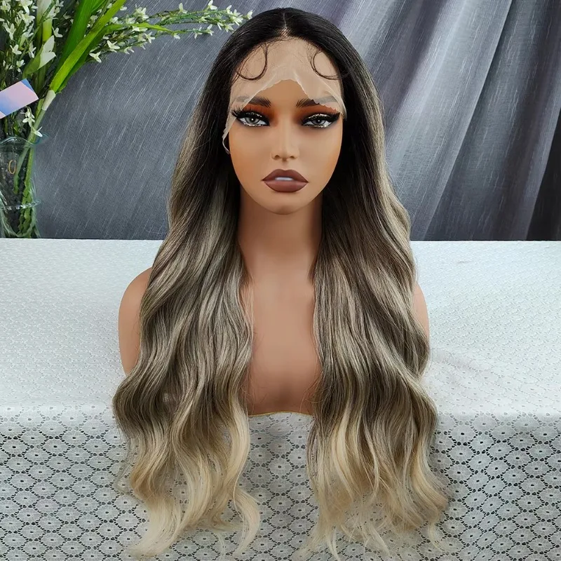 

Long Loose Wave Synthetic Lace Front Wigs Ombre Blonde 26 Inch Heat Resistant Glueless Pre Plucked Transparent Swiss Lace Wigs
