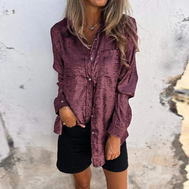 Women Casual Suede Fashionable Lapel Shirt Spring Elegant Single Breasted Office Blouse Autumn Long Sleeve Loose Long Tops Mujer