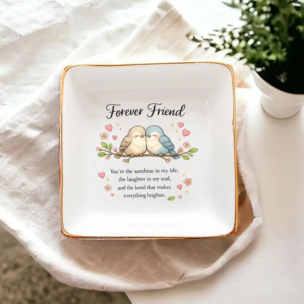 

Jewelry Trays Love Birds Hearts & Flowers Square Ceramic Jewelry Dish, Cute Heartwarming Golden-Rimmed Design, Decorative Trinke