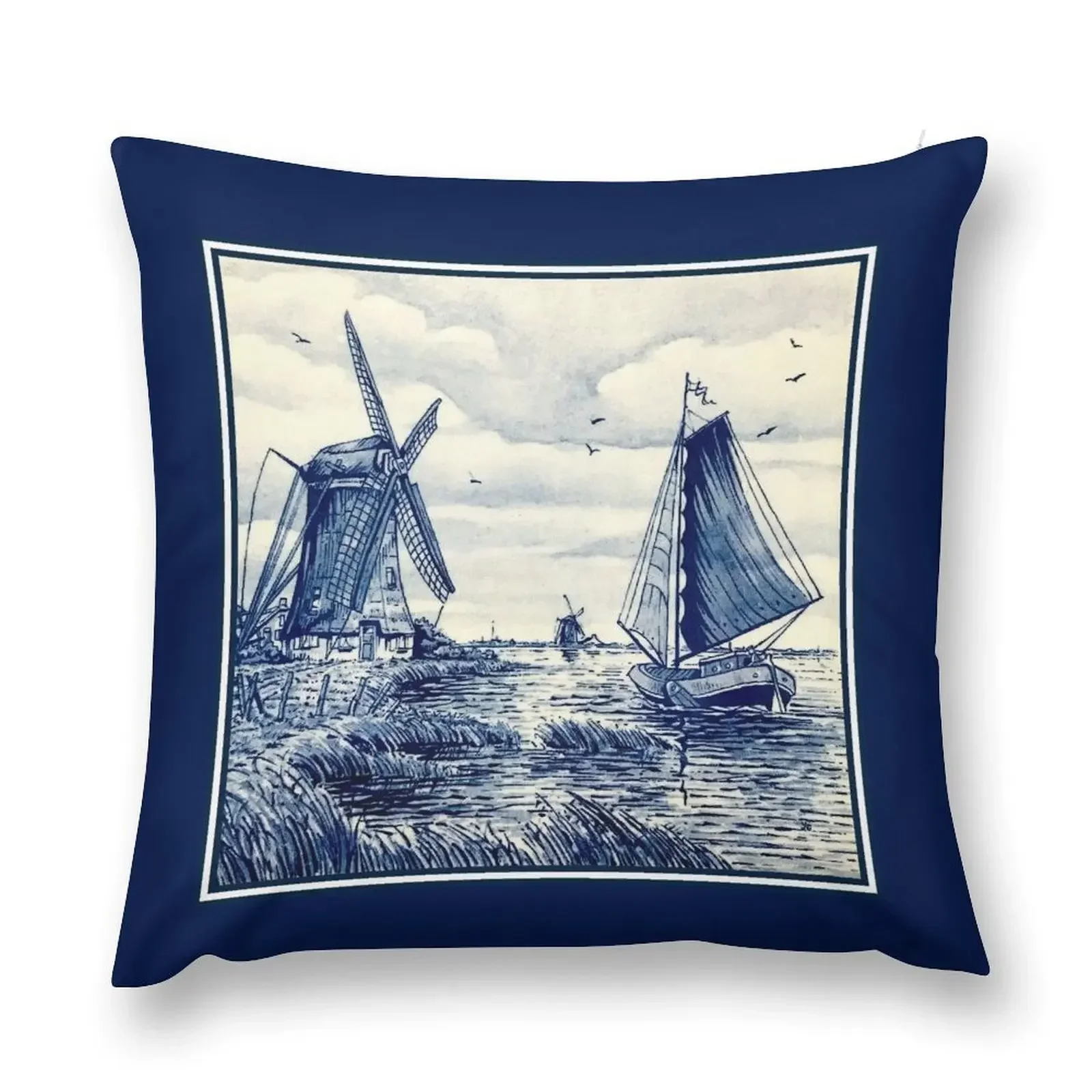 DUTCH BLUE DELFT : Vintage Sailboat and Windmills Print Throw Pillow Couch Pillows luxury home accessories pillow