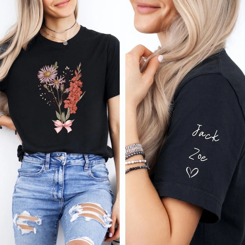 Personalized Birth Month Flower Bouquet Mom's Garden Shirt Floral Mom T-shirt Kids Name Tee Custom Gift  Regular short sleeve
