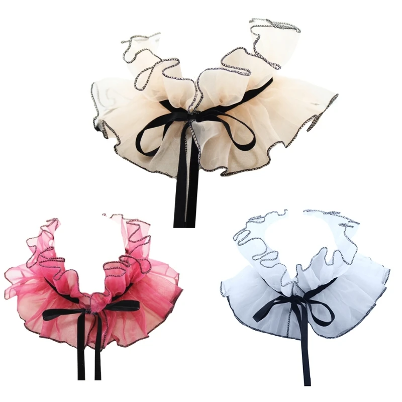 652F Victorian Vintage Organza Agaric Stand Fake Collar Steampunk Stage Cosplay Costume Neck Ruff with Ribbon Bowknot