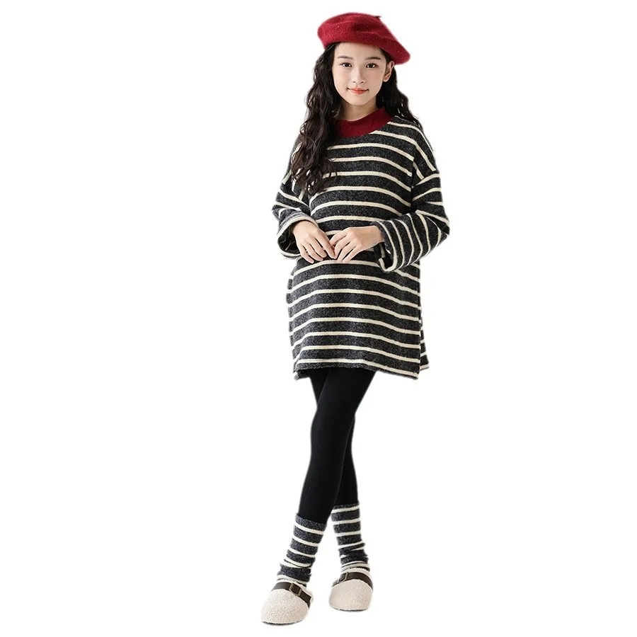 ملابس الفتيات لخريف وشتاء 2025 مخططة مخططة بأكمام طويلة تي شيرت دافئ فستان مراهق للأطفال فضفاض 4 6 7 8 9 10 11 12 سنة كوريا #3