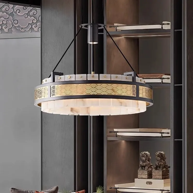 

Nordic Minimalist Marble Ring Chandelier. This dimmable ceiling lamp combines light oak and veined marble for a soft lustre