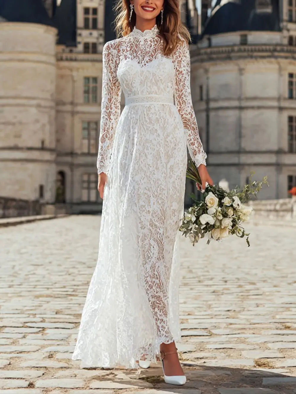 High Quality Customized High Collar Lace White Ankle Length Zipper Kate Middleton Dress Dress for Women Vestidos De Gala فساتين view 2