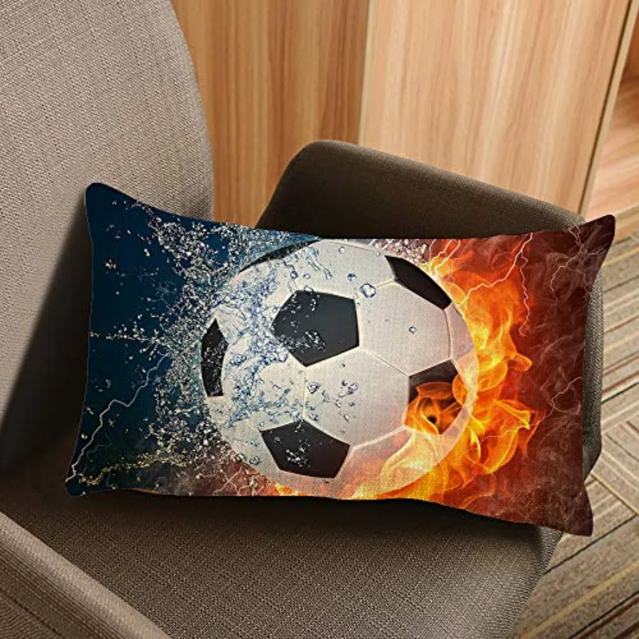 Throw Pillow Cover Cool Soccer Ball Art Amazing Football Fire with Ice Decorative Pillow Case Home Decor 20x12 Inch Pillowcase