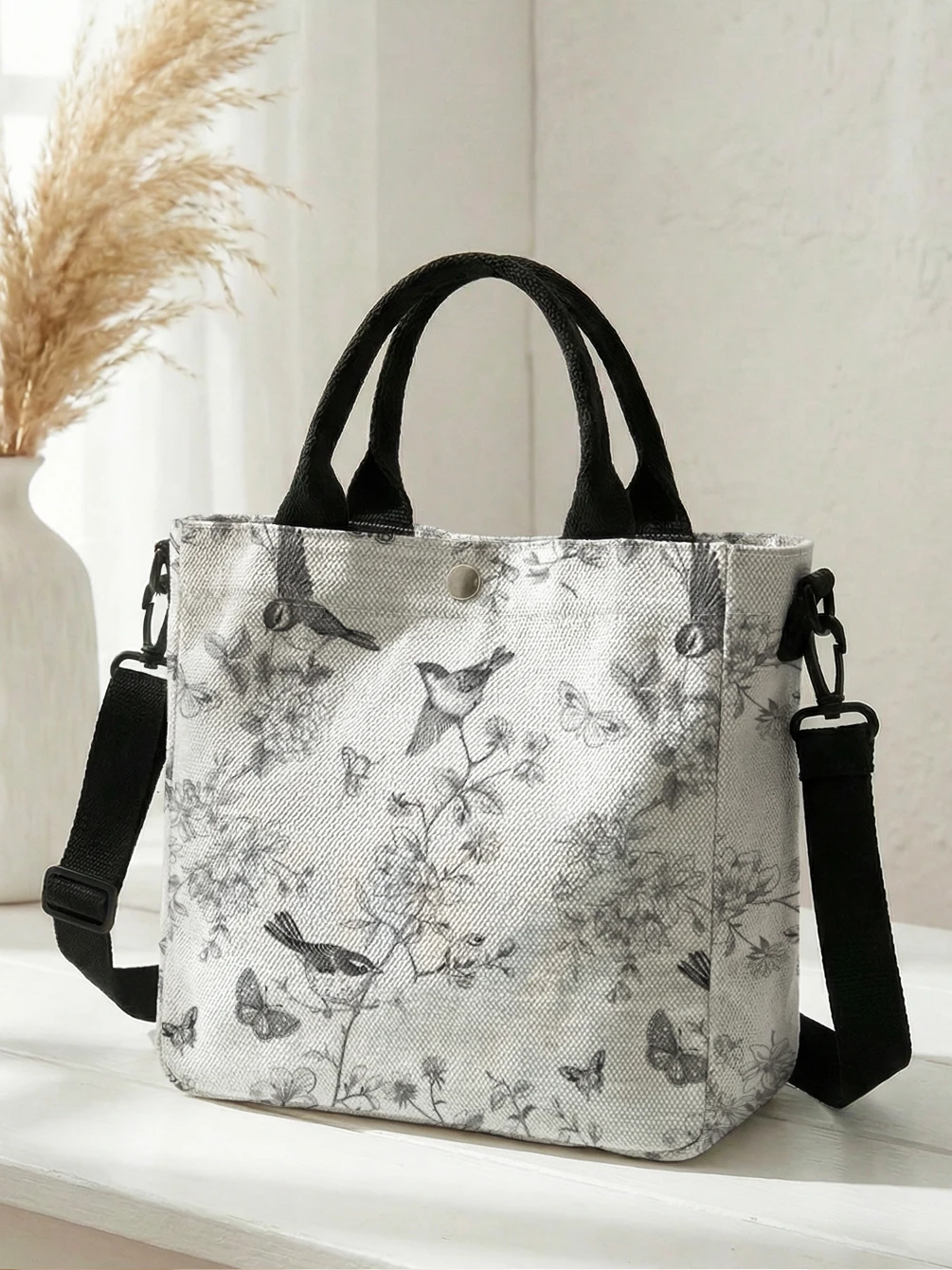 

Black Sketch Bird Butterfly Floral Canvas Tote Bag Detachable Strap Crossbody Handbag For Women Daily Shopping