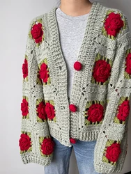 Women 3D Flower Crochet Hollow Out Cardigan Handknit Sweater Niche Design
