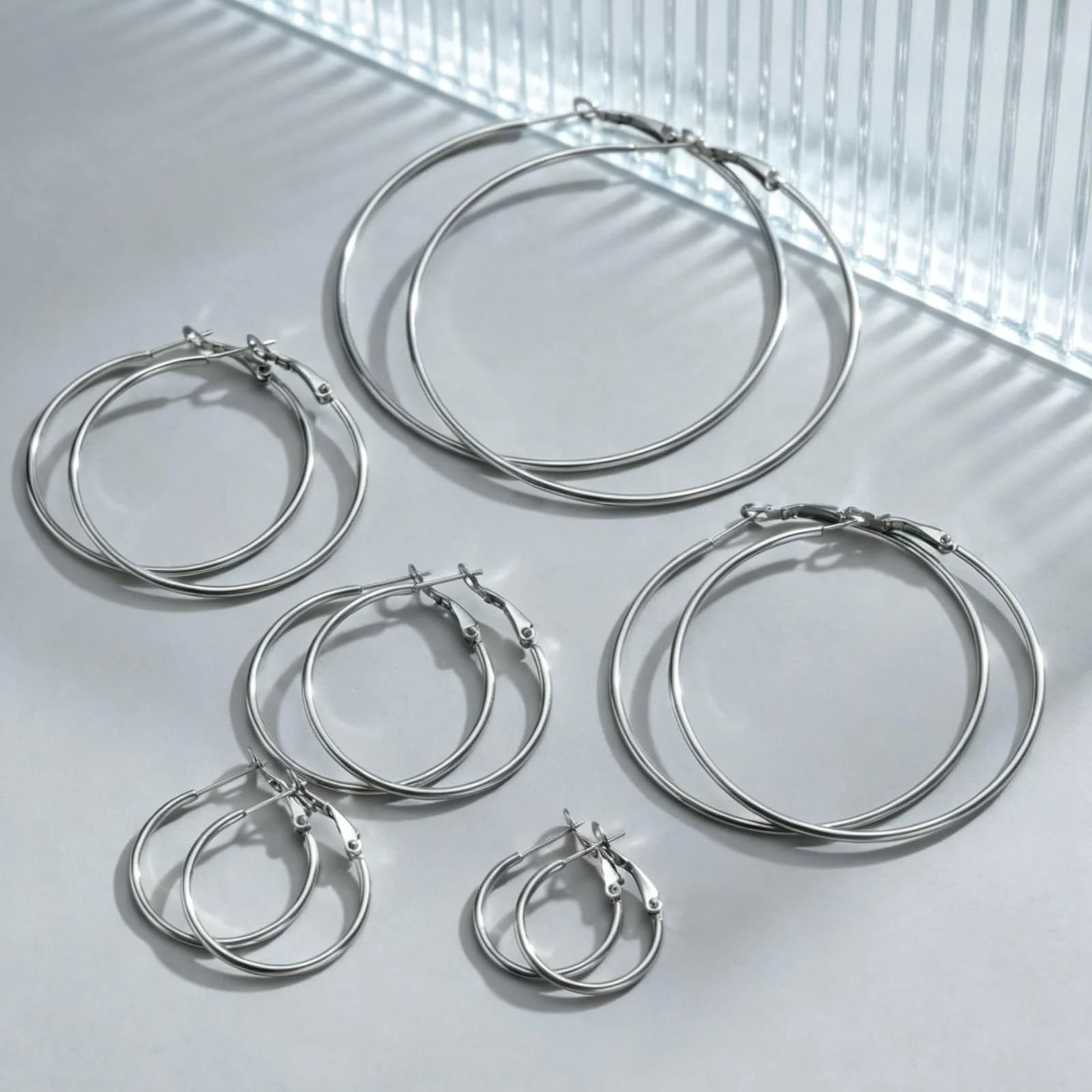 25-70mm Small & Big 1pair Circle Hoop Earrings Set Stainless Steel Thin Metal Simple Casual Jewelry Ear Cuff Fashion Accessory