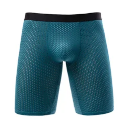 Roupa interior de seda de gelo respirável masculina, shorts boxers masculinos, bolsa convexa em U sólida, cueca de perna longa