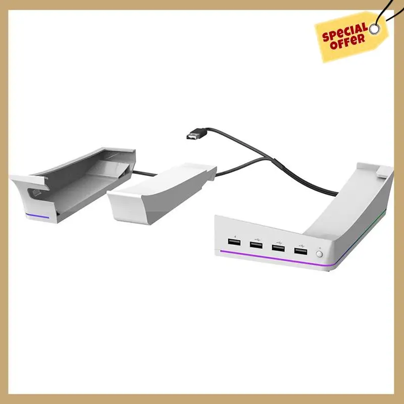 أداء مستقر - لحامل PS5 Slim/Pro مع أوضاع إضاءة و4 محاور USB لتخزين وعرض معزز باللون الأبيض