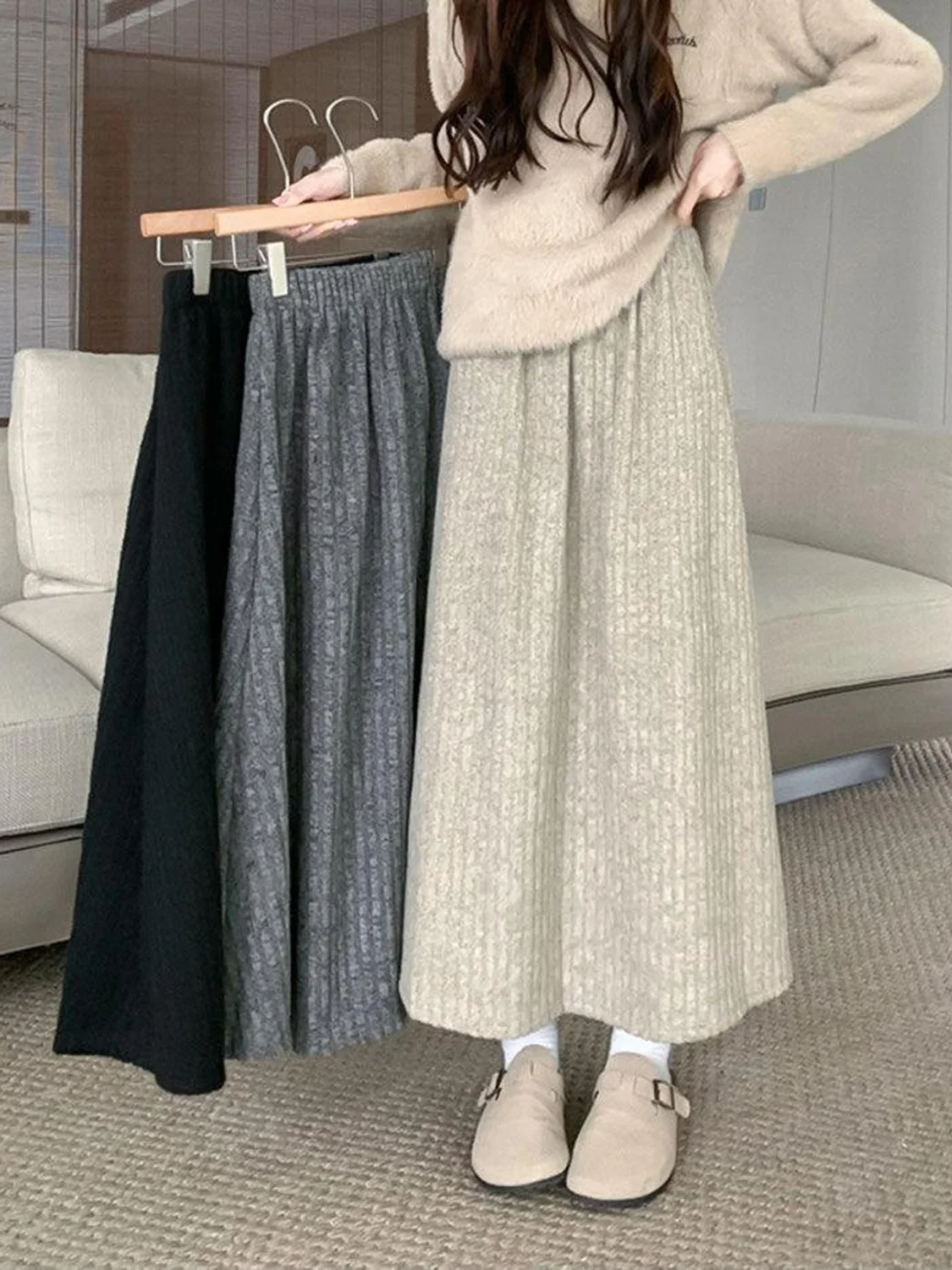 

Thiened Fce High Waist A-Line Skirt Women's Autumn Winter Faion Korean Sle Small Size Slimming Versatile Long Skirt