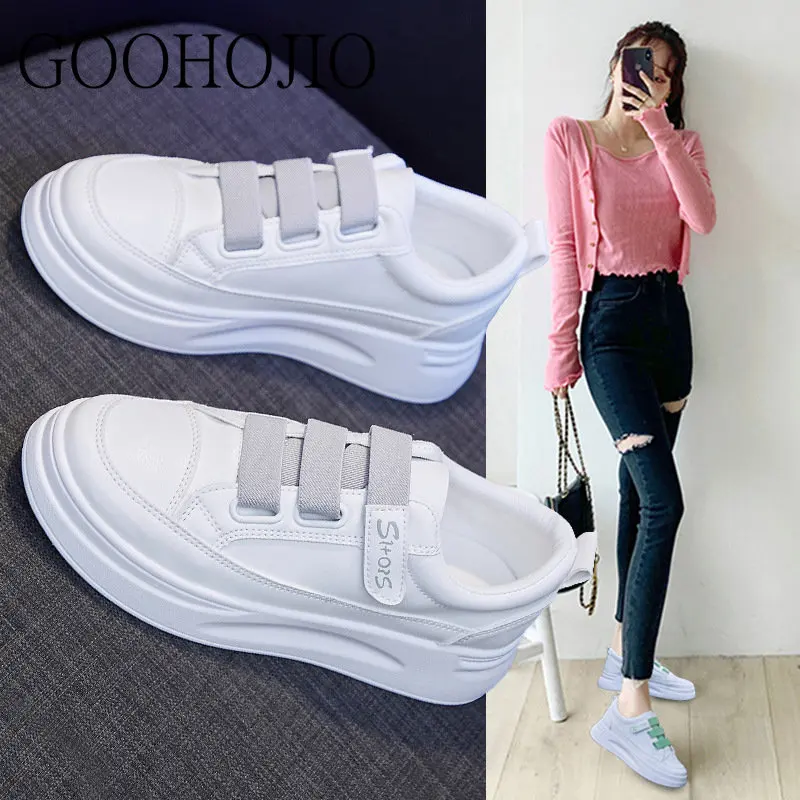 Sneakers College Style White Shoes Women Vulcanize Shoes Light Thick-soled Casual Shoes Hook & Loop Women Comfortable Breathable