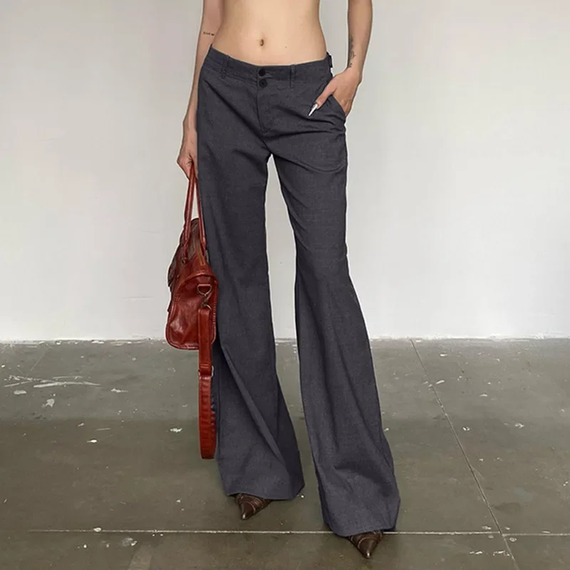 Autumn Spring Casual Basic Low-Waisted Wide Leg Techwear Pants Solid Straight Suitpants Office Elegant Slim Women Streetwear