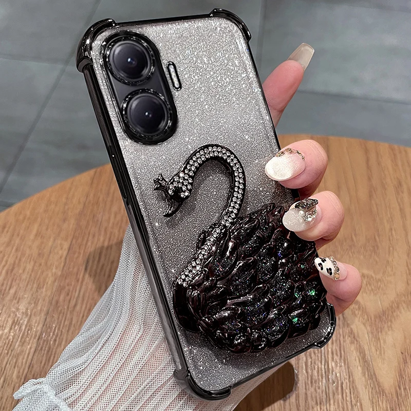 Funda For Xiaomi Poco X7 Pro Case Swan Glitter Holder Plating Airbag Soft Silicone Camera Lens Protection Shockproof Back Cover